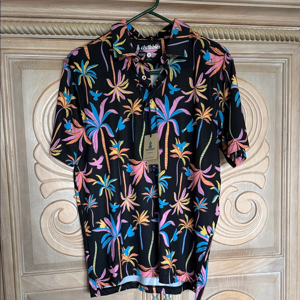 chubbies Black Polo with Pink, Blue, Yellow and Orange Tropical Print